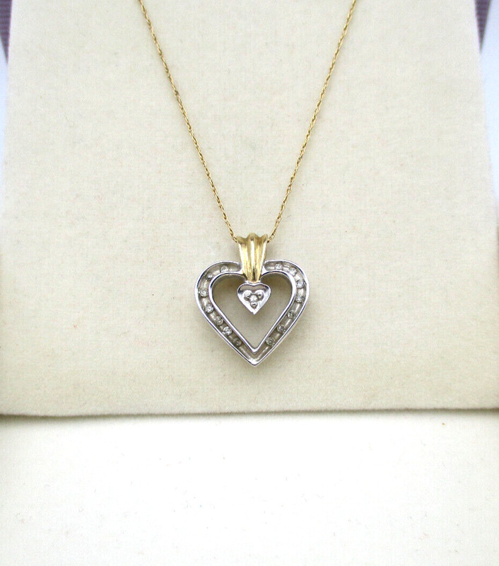 10K Yellow & White Gold 15 Diamond "I Love You" Heart Pendant Necklace 20" [N101