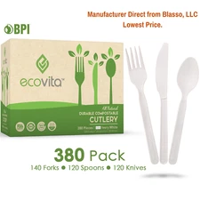 100% Compostable Forks Spoons and Knives - 380 Piece Eco Cutlery Combo Set - Eco