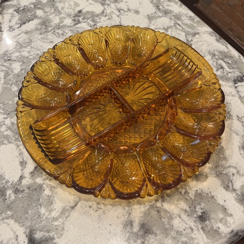 L E Smith 567 Heritage Amber Deviled Egg & Relish Tray or Dish, 11"  (G6)