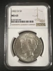 1922 D Peace SILVER Dollar $1 NGC MS63