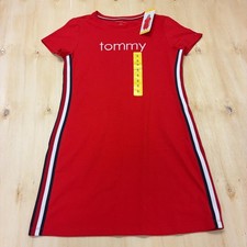 Tommy Hilfiger Dress Womens Small Red Logo T-Shirt Side Stripe Knit Casual