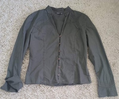 Mexx Women's US 12 Olive Green Long Sleeve Cotton Blouse Ruched Cuffs V-Neck