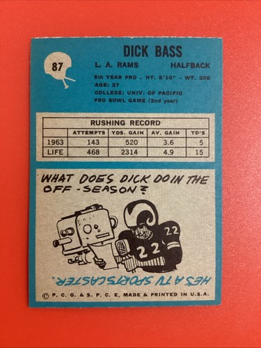 1964 Philadelphia Phil. Football FB #87 Dick Bass Rams NM/MT sharp ! - Picture 2 of 2