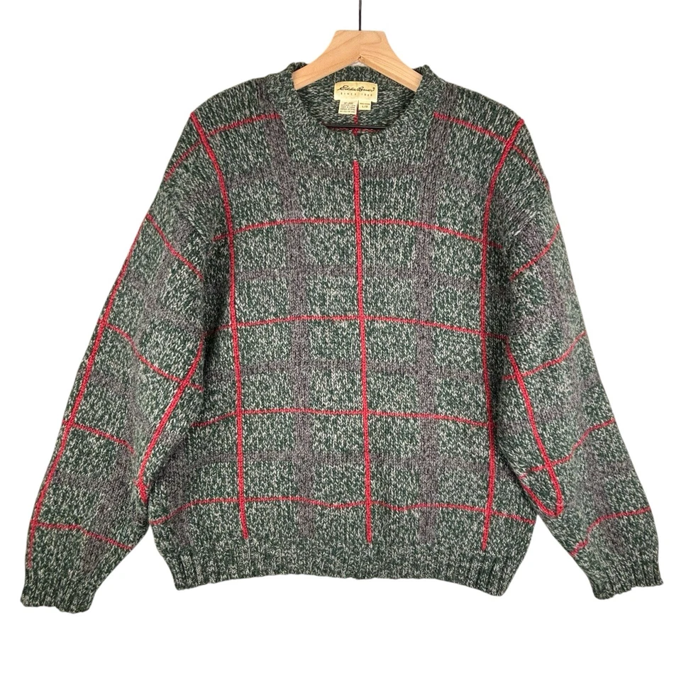 Eddie Bauer 毛衣男式大号绿色红色网格图案 100% 羊毛 Crew 经典 — 第 2/4 张图片