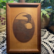 Hudson River Inlay Loon Exotic Cut Wood Marquetry 7 x 10  Nelson Vtg Wall Art