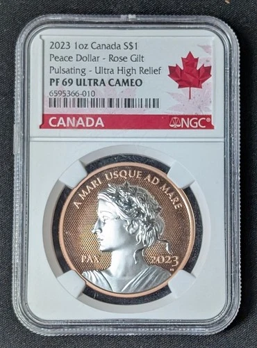 2023 1 oz Canada S$1 Peace Dollar ~ Rose Gilt Pulsating ~ Silver UHR NGC PF69