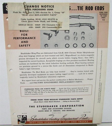 1951 Studebaker Parts Bulletin Indep Garages King Pin Kits Tie Rod Ends Original