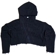 ZARA Distressed Knit Hoodie Women's Size Small Black Cropped