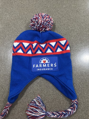 Farmers Insurance Beanie Hat Pom Tassels Red White Blue Ski Snow Winter Knit - Picture 2 of 5