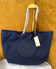 Tory Burch Navy Logo Tote Bag Gold Chain Shoulder Strap Drawstring Lined