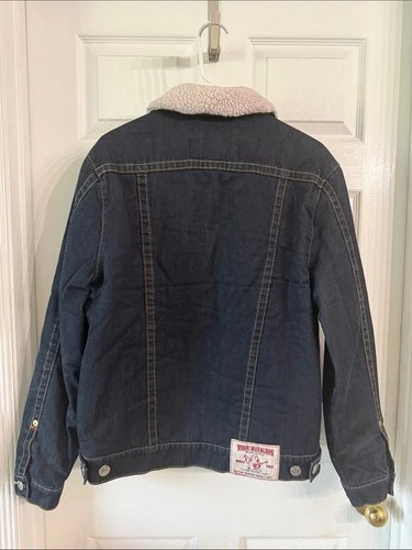 True Religion Navy Denim Jacket with Cream Sherpa Collar image 3