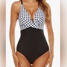 B2PRITY Plus size XXL V plunge front flattering one piece black white swimsuit