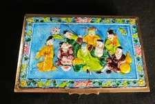 Vintage Enamel on Brass Hinged Chinese Box Repousse 6" x 3 3/4" x 1  1/8"