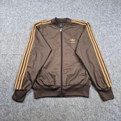 Adidas Jacket Mens Small Brown Gold Full Zip Track 3 Stripe