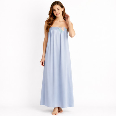 Vintage Nightgown Size M Floral Applique Light Blue Long Slinky Nylon Jolie Two