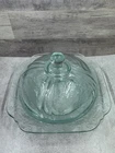 Vintage Federal Glass Dome Lid Butter Dish w/Square Plate Aqua Blue Depression
