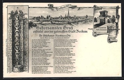 Artist postcard Beckum, partial view, the artificial council sundial, robber ladder on 