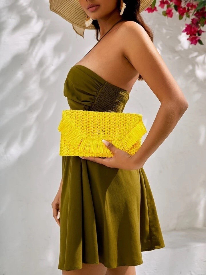 Woven Summer Yellow Fringe Flap Clutch Boho Beach Casual Vacation Straw Bag NEW