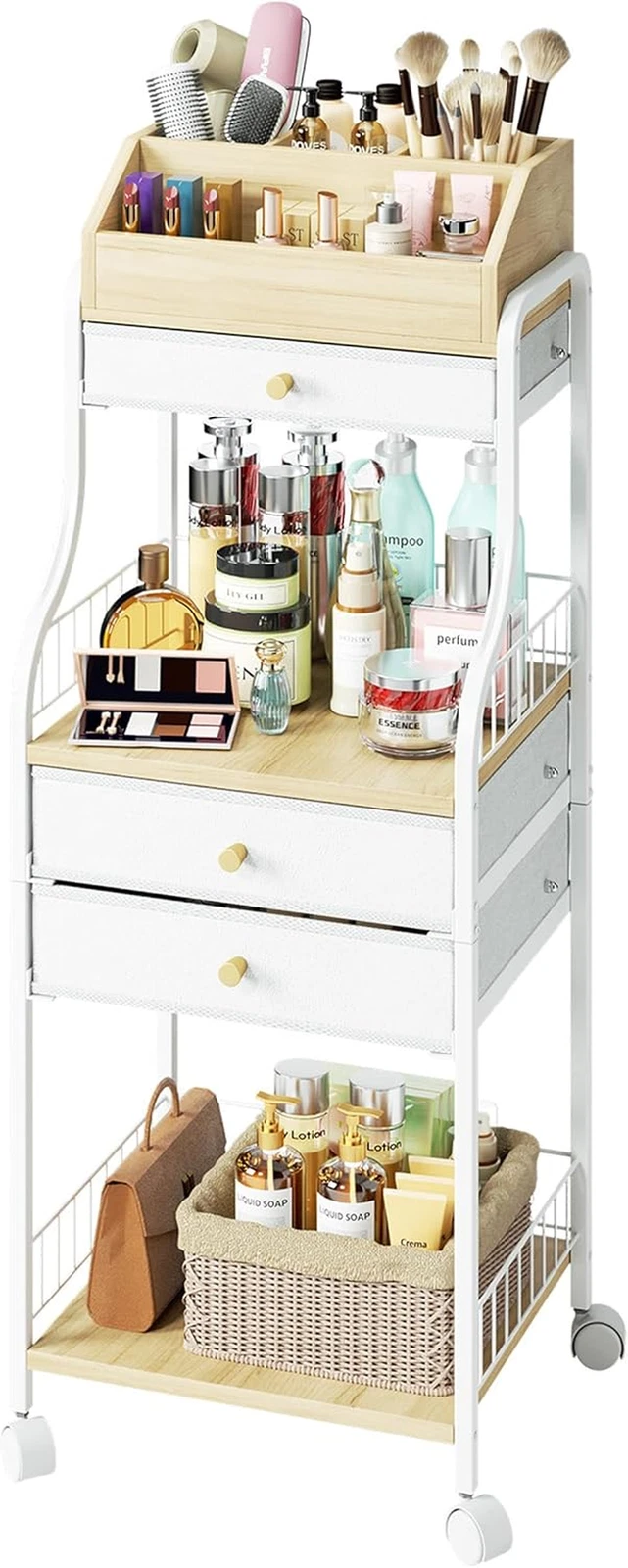 Rolling Makeup Organizer Cart - Floor Skincare Storage with Non-Woven Drawers, V