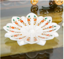 10" White Marble Dry Fruit Bowl malachite Inlay Arts Collectible Gifts Decor