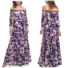 NEW Eliza J Pink Navy Floral Square Neck Off Shoulder Ruffle Maxi Dress 0