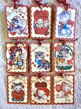Vintage Valentine Cat Kitty's 9 Gift Hang Tags Scrapbook Junk Journal Cards 443R