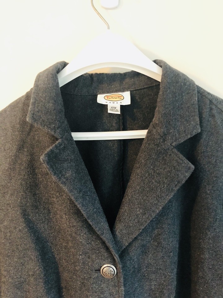 TALBOTS Women's Blazer Size 12W Gray Crest Buttons Jacket Coat 100