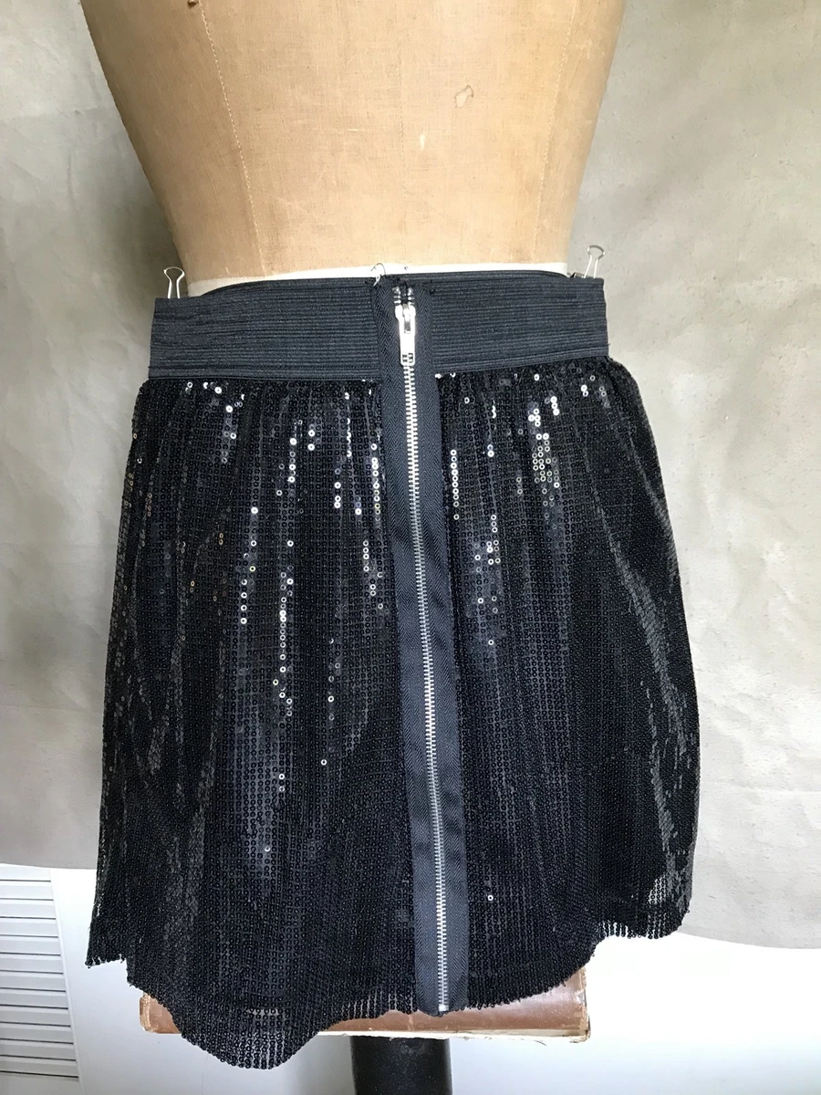 BLACK SEQUIN MINI SKIRT Stretch Knit EXPOSED FRONT ZIPPER Pink