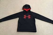 UNDER ARMOUR UNISEX BLACK HOODIE W/RED UNDER ARMOUR SYMBOL ON FRONT SZ YL VGC 
