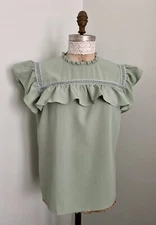 Boutique Mint Green Ruffle Babydoll Blouse SZ M Cottagecore Easy Care