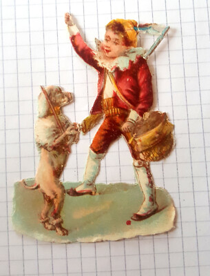 Alte Oblate Glanzbild Poesiealbum Scrabs Spielendes Kind Hund um 1900 8 x 5 cm