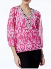 INC International Concepts Printed Top Blouse Pink White Petite PS 69.50