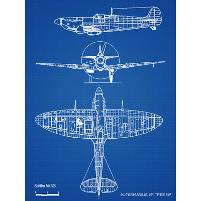 Supermarine Spitfire 5b Jagdflugzeug Bauplan riesiges Wandbild Poster Druck