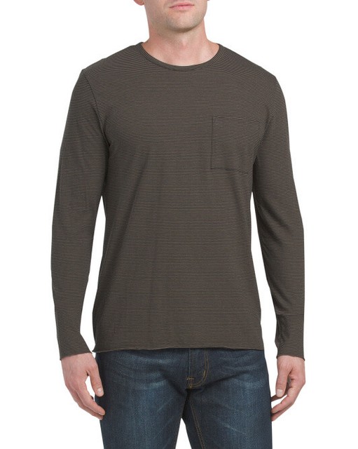 NWT VINCE PIMA COTTON STRIPE LONG SLEEVE MEN TEE SHIRT Black/Green SZ L