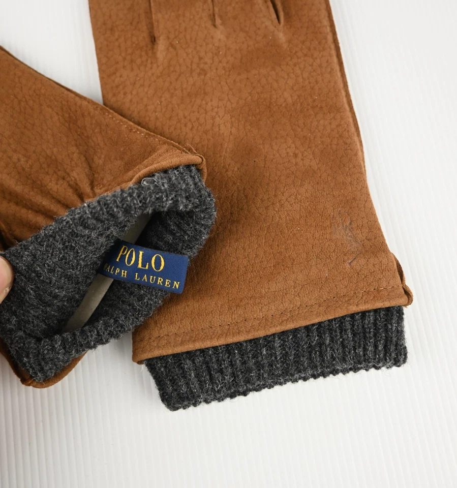 Кожаные перчатки Polo Ralph Lauren с ребристой отделкой - коричневые - Изображение 3 из 4