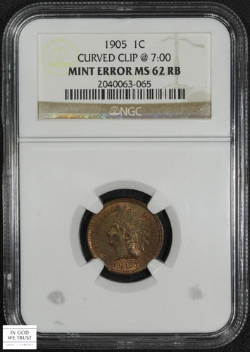 1905 Curved Clip Mint Error Indian Head Copper Cent 1C NGC MS 62 RB Red-Brown