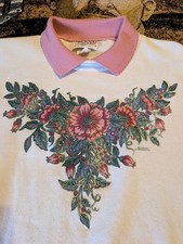 Vintage XL Floral Pink Roses Grandma Collared Sweatshirt USA White