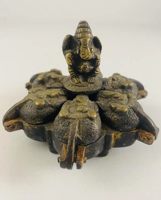 Antique Indian Brass/Bronze Bindi Paint / Spice Ganesh Leaf Petal Box - Image 1 of 4