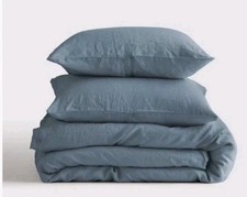 QUINCE EUROPEAN LINEN DUVET COVER SET Full Queen DUSTY BLUE NWOT 1954