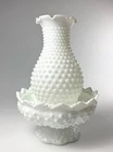 Fenton Hobnail Milk Glass Candle Holder Set – Footed Bowl & Hurricane Shade