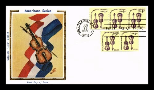 US COVER VIOLINS MUSIC NONPROFIT ORG AMERICANA SERIES FDC COLORANO SILK CACHET