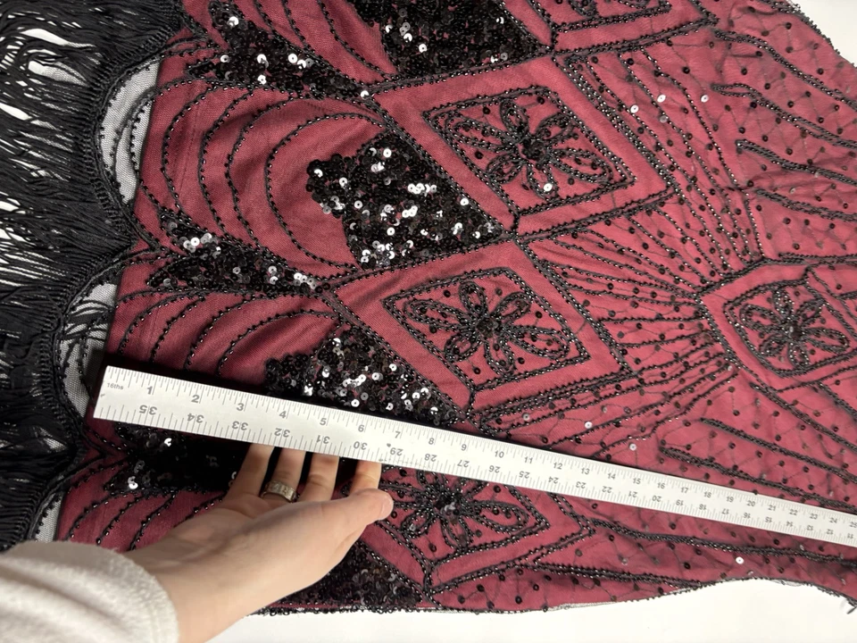 Women's Size XL Black Red Beaded Sequin Fringe Flapper Dress Classy 90s Vibe - Image 2 of 4