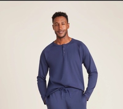 Barefoot Dreams Henley Shirt Blue Malibu Collection Pima Cotton Long Sleeve Med