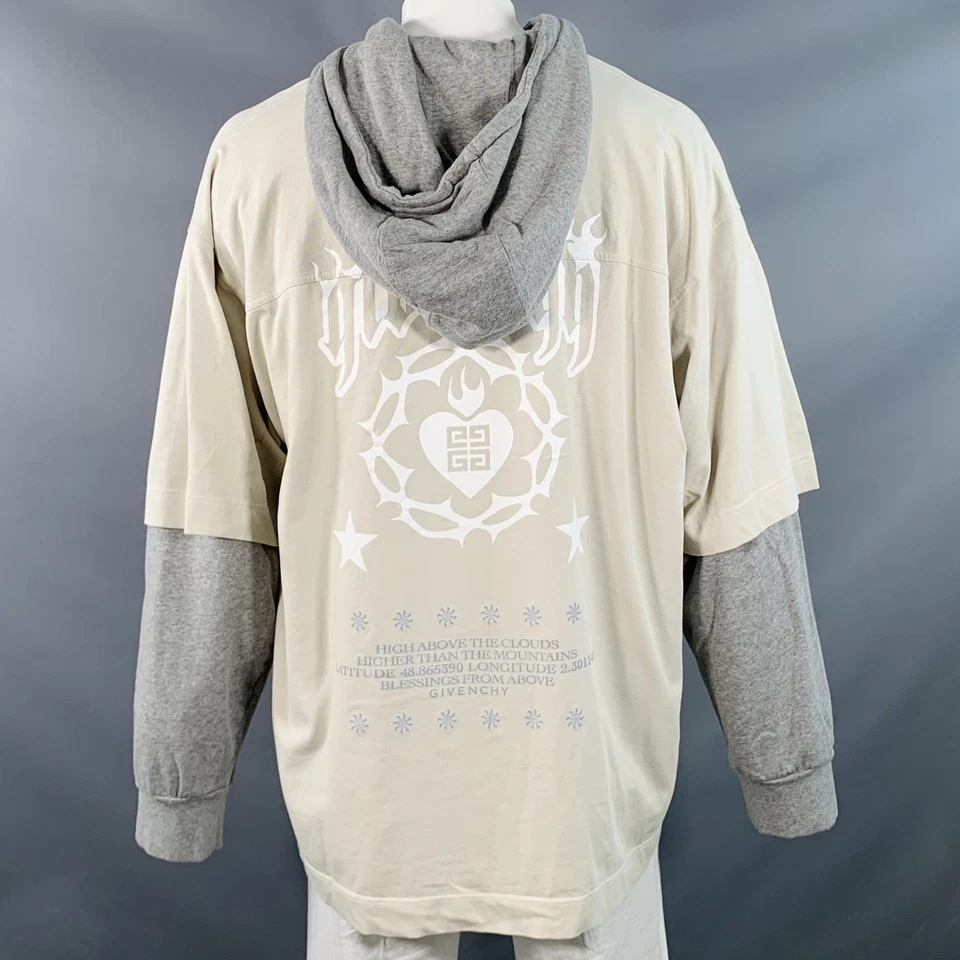 GIVENCHY Size L Cream Grey Jersey Double Layer Hooded Sweatshirt - Image 4 of 4