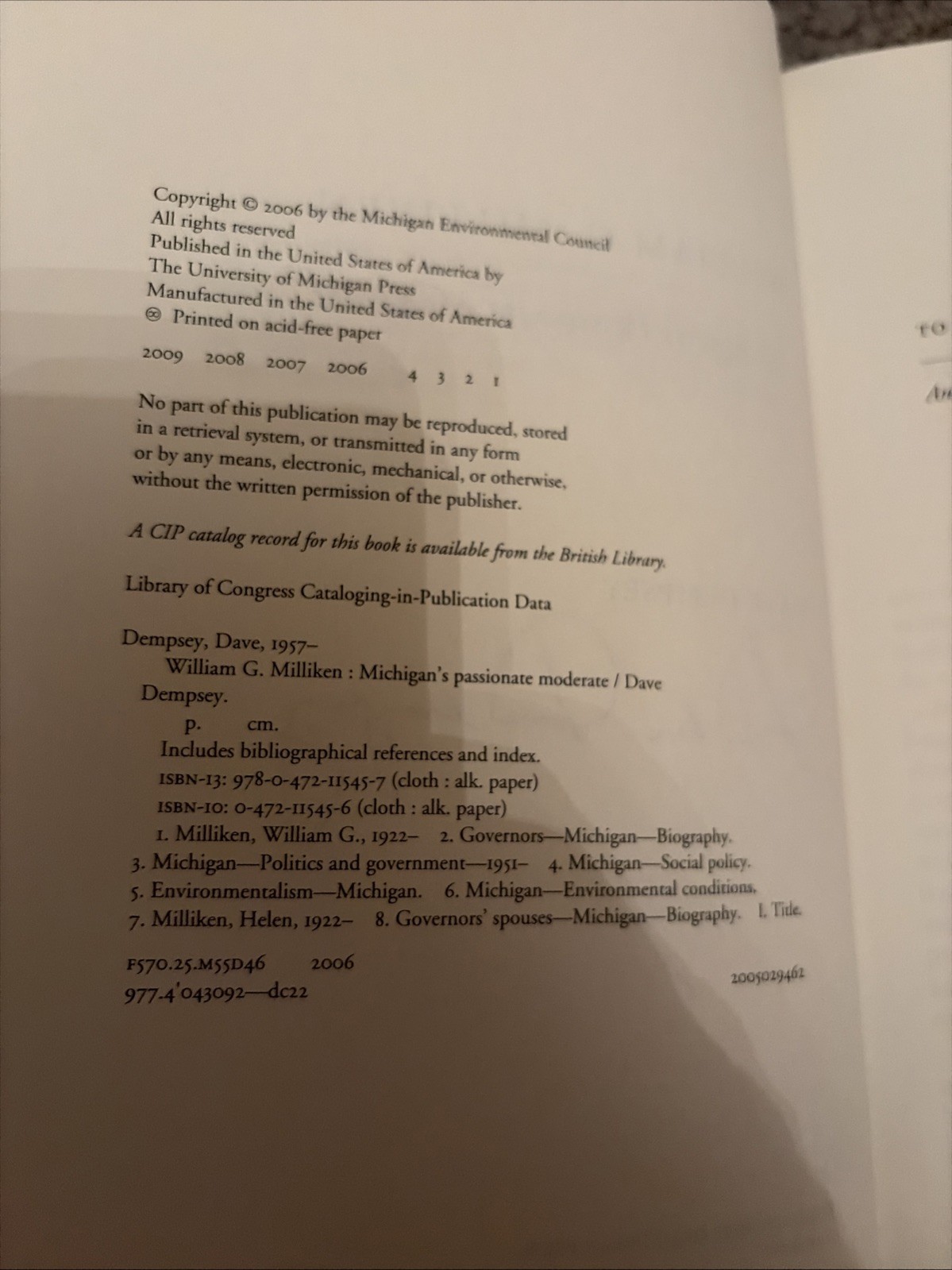 William G. Milliken Signed/Inscribed Michigan's Passionate Moderate B320