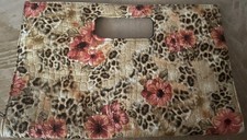 Brown Large Animal Print Floral Embossed Cut-Out Top Handle Clutch Bag