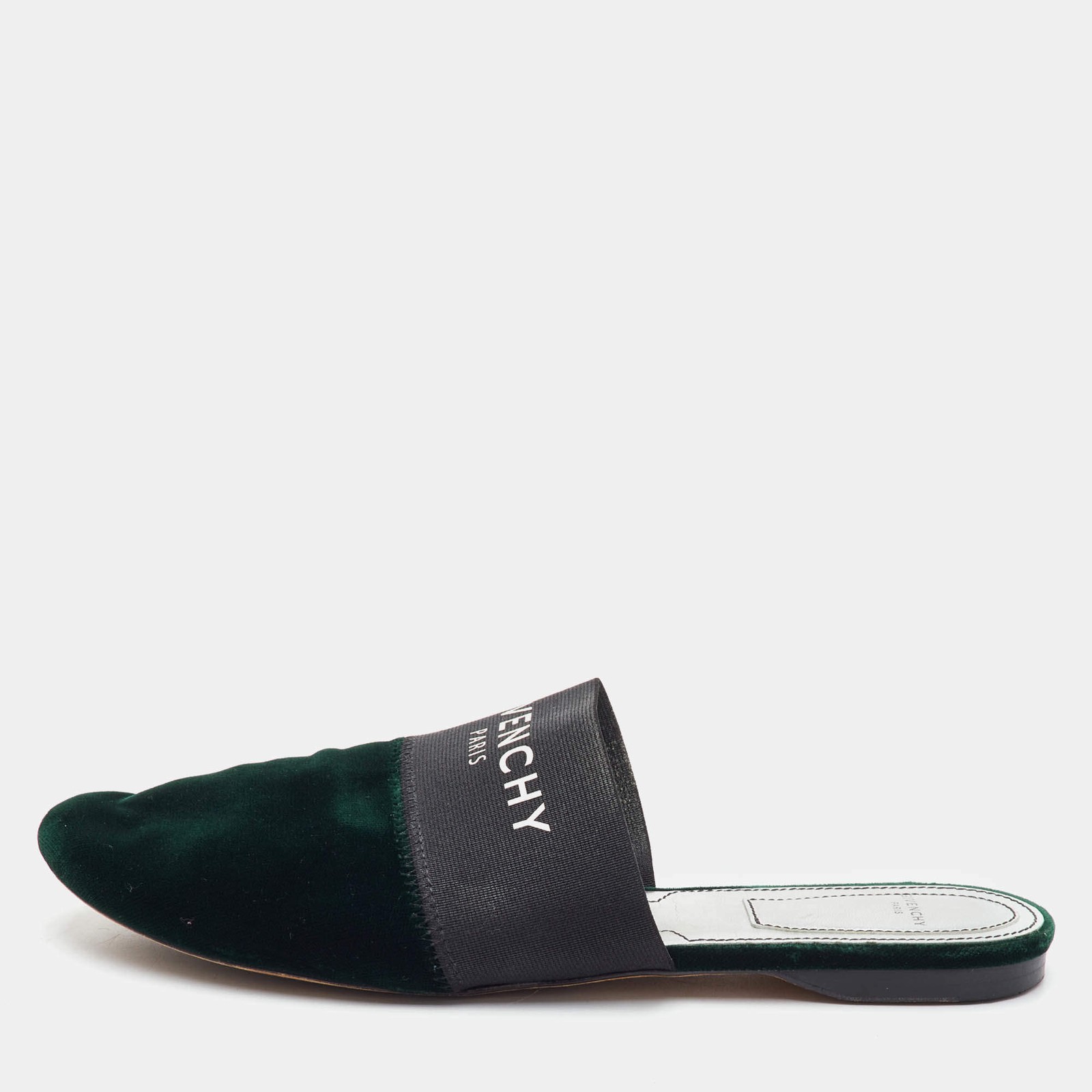 Mulas planas Givenchy talla 37 verde oscuro negro terciopelo y banda elástica...