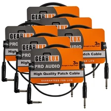 Gearlux 36-Inch Guitar Patch Cable, 1/4 Inch, Straight-Angled, Black - 6 Pack