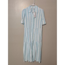 Crown & Ivy Light Blue and White Striped Button-Front Tiered Maxi Shirt Dress S