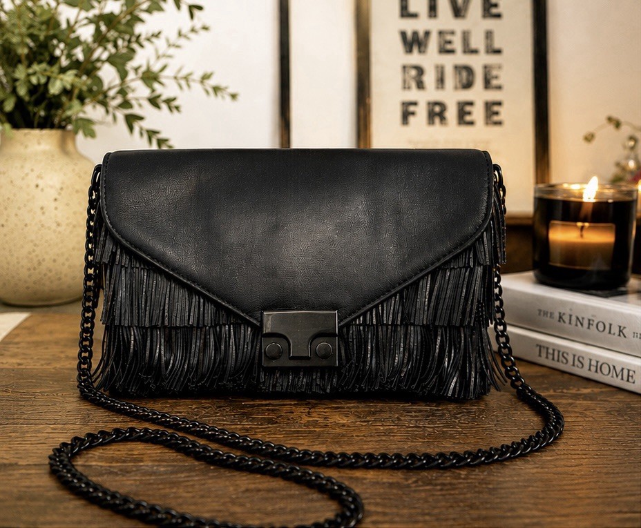 Loeffler Randall Black Leather Fringe Crossbody Clutch Gunmetal Chain Bag Purse